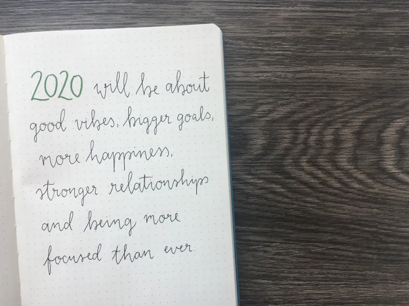 Handlettering-Zitat über gute Vorsätze für 2020 auf gepunkteter Seite