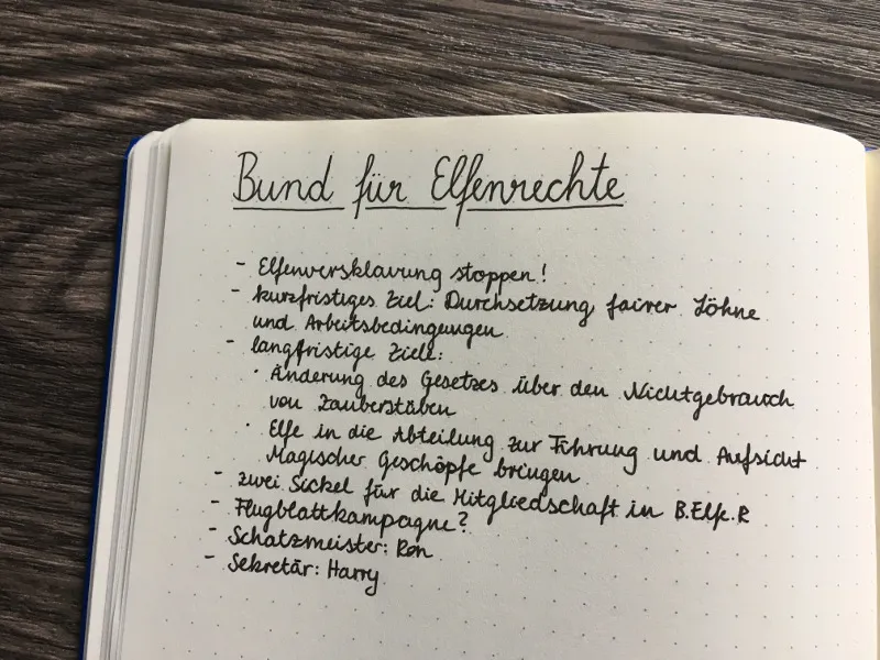 Bund für Elfenrechte: Übersicht im Bullet Journal von Hermine Granger