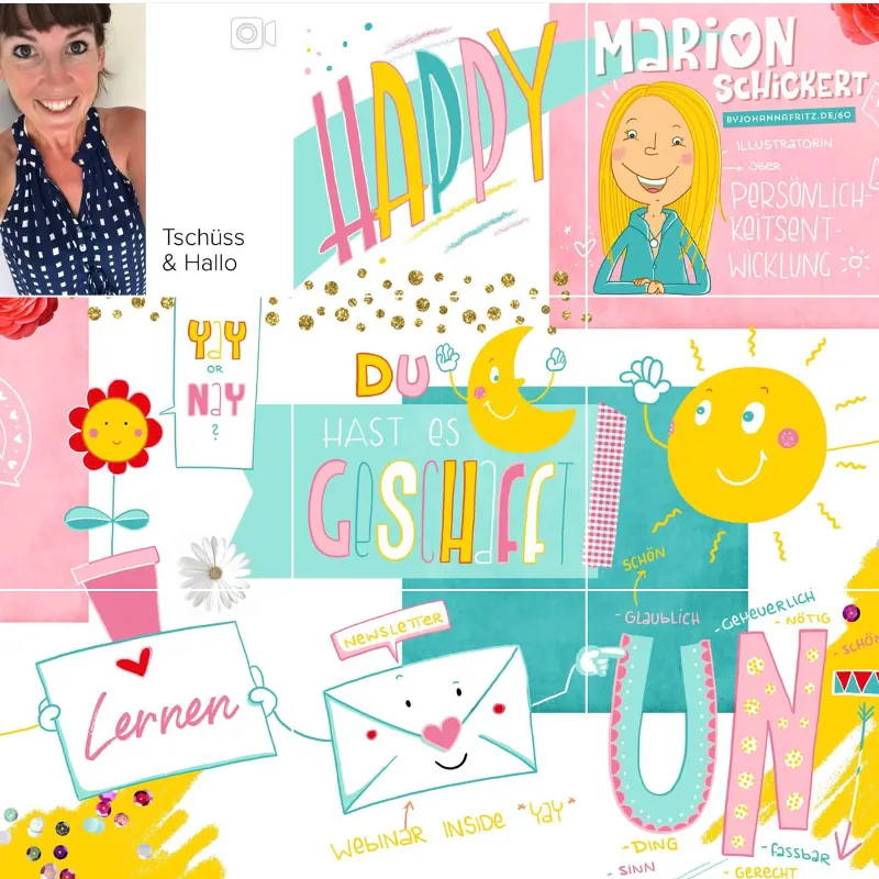 Instagram-Raster mit bunten Illustrationen, Lettering und Portraet der Illustratorin Marion Schickert