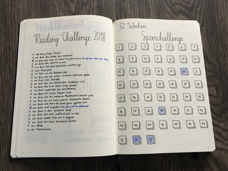 Doppelseite mit Reading Challenge 2018 und 52-Wochen-Sparchallenge