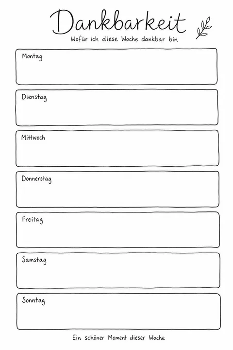 Dankbarkeitstagebuch-Vorlage mit der Überschrift Dankbarkeit, Untertitel Wofür ich diese Woche dankbar bin, und 7 Feldern von Montag bis Sonntag