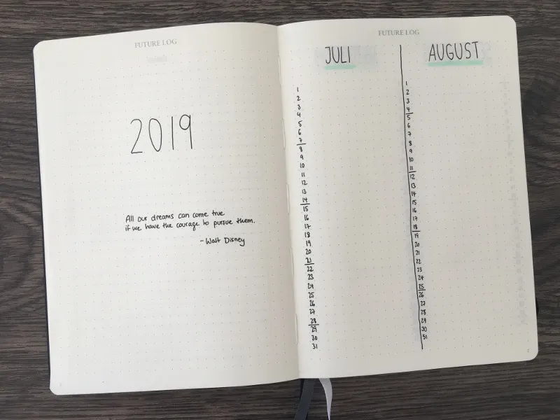 Future Log 2019 mit Spalten Juli und August und einem Walt-Disney-Zitat