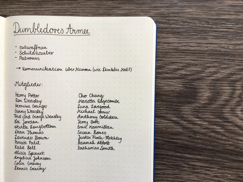 Planung für Dumbledores Armee im Bullet Journal von Hermine Granger