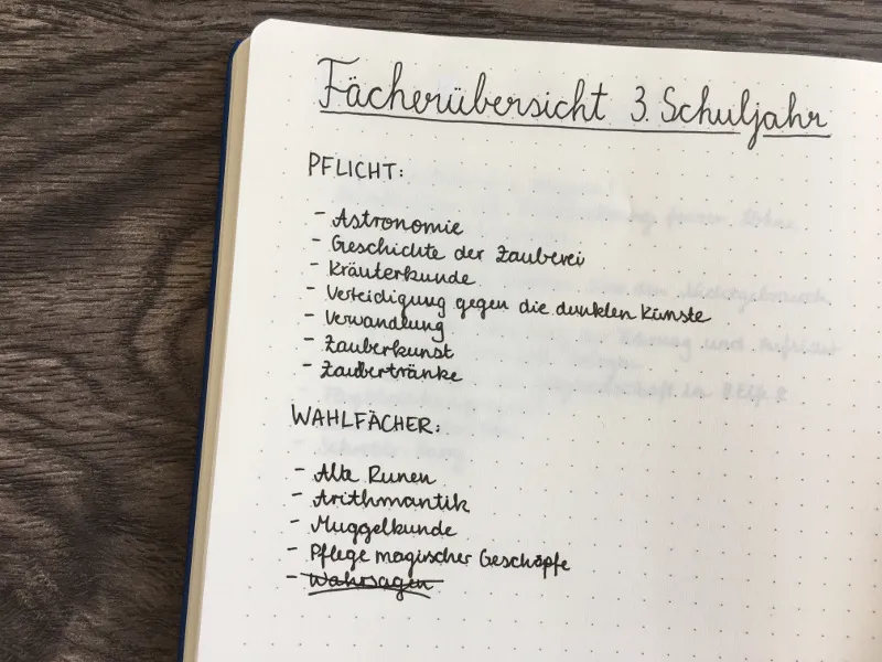 Fächerübersicht 3. Schuljahr im Bullet Journal von Hermine Granger