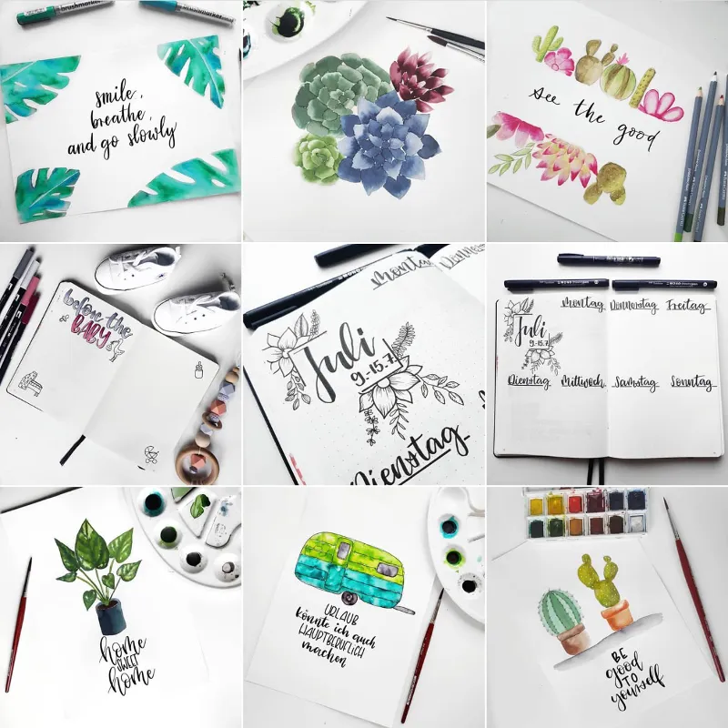 Instagram-Raster mit Aquarell-Lettering, Sukkulenten und Kakteen in Gruentoenen