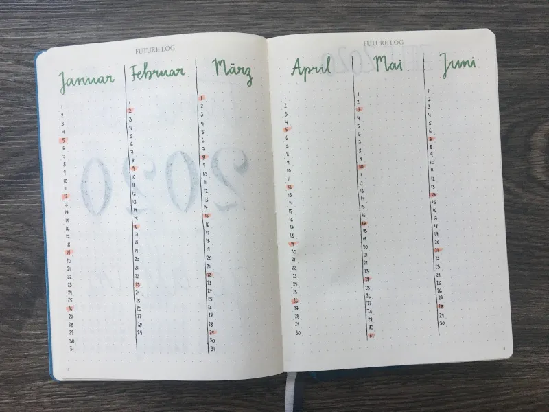 Bullet Journal Future Log für 2020