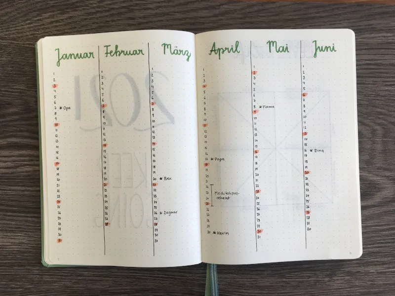 Future Log für 2021 mit Monatsspalten Januar bis Juni und markierten Terminen