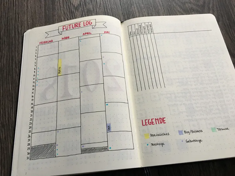 Future Log Februar bis Mai mit farbiger Legende im Notizbuch