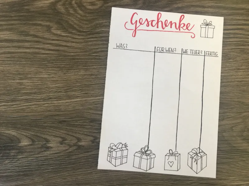 Geschenkeliste mit der roten Überschrift Geschenke, darunter die Spalten Was, Für wen, Wie teuer und Fertig, am unteren Rand kleine gezeichnete Geschenkpakete