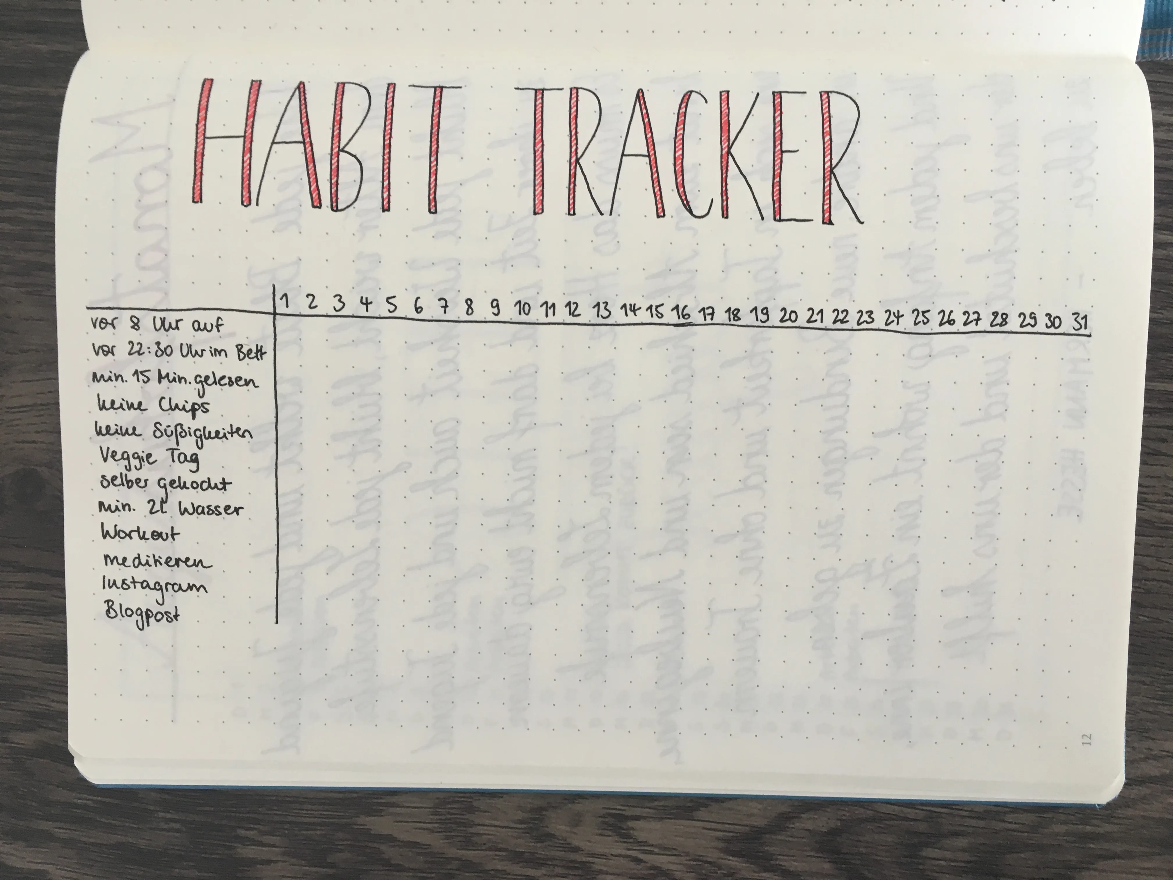 Habit Tracker für August mit Gewohnheiten und Rasterspalten für 31 Tage