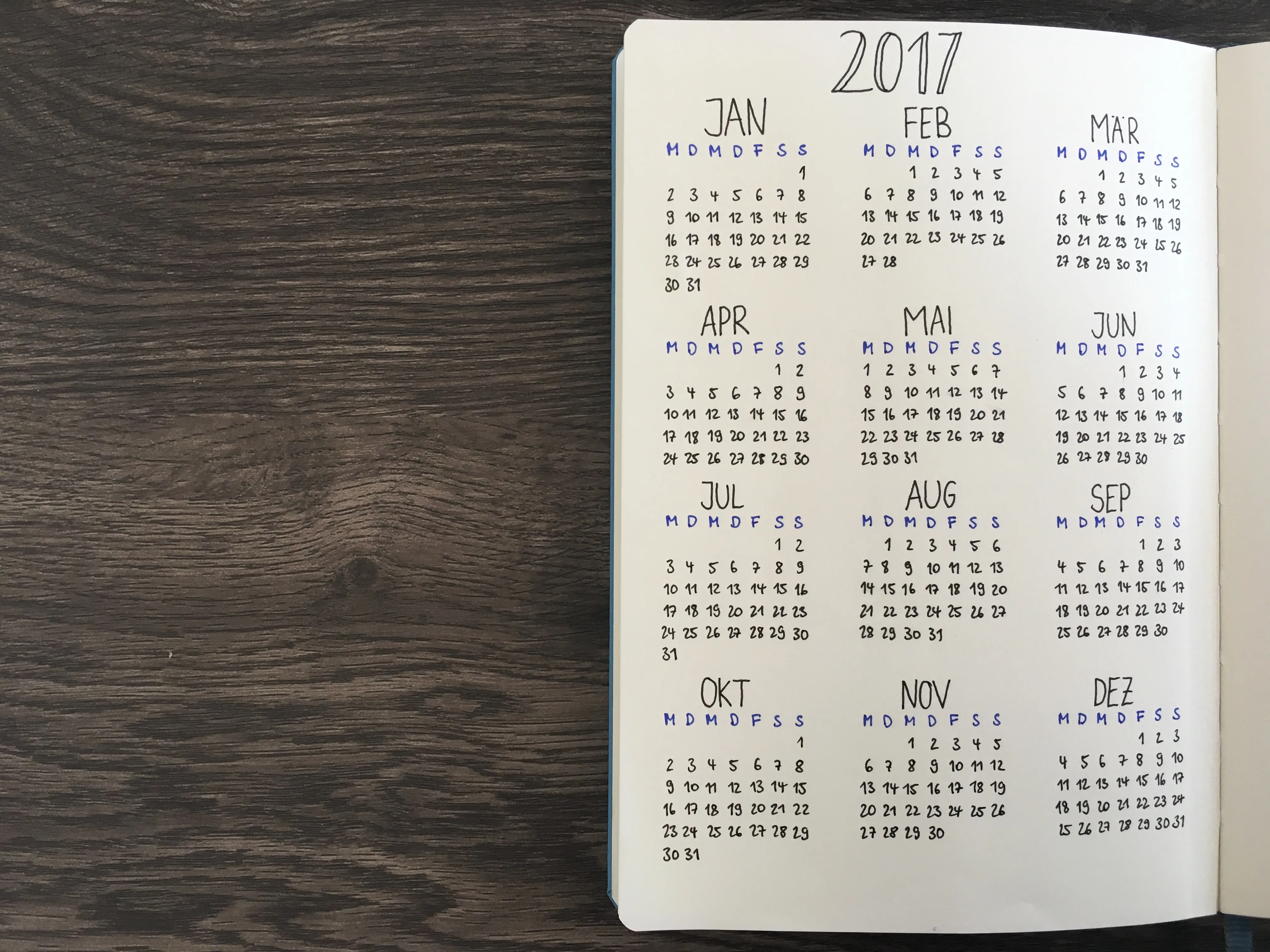 Handgezeichnete Jahresübersicht 2017 mit allen zwölf Monatskalendern
