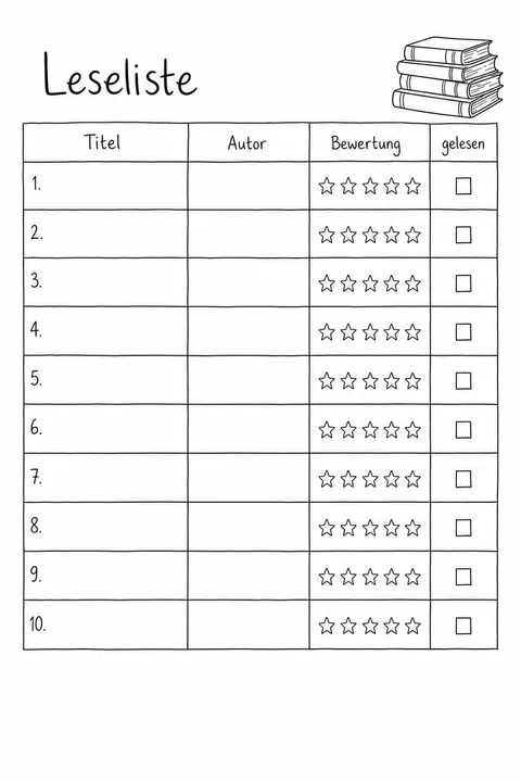 Leseliste-Vorlage: Tabelle mit 10 nummerierten Zeilen und den Spalten Titel, Autor, Bewertung mit 5 Sternen und gelesen zum Abhaken