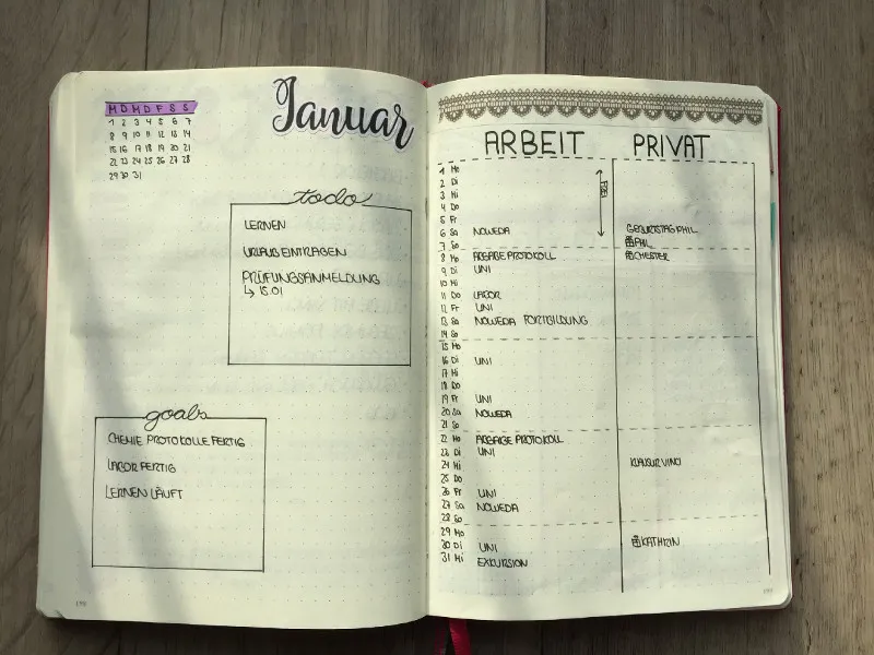 Monatsübersicht Januar mit Datumsliste sowie Spalten Arbeit und Privat