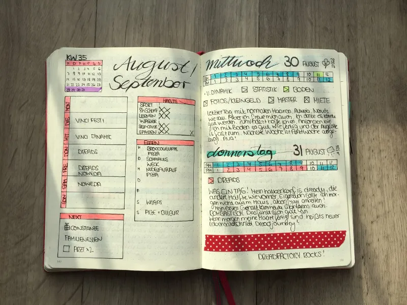 Wochenübersicht August September mit Habits, Essensplan und farbigen Trackerreihen