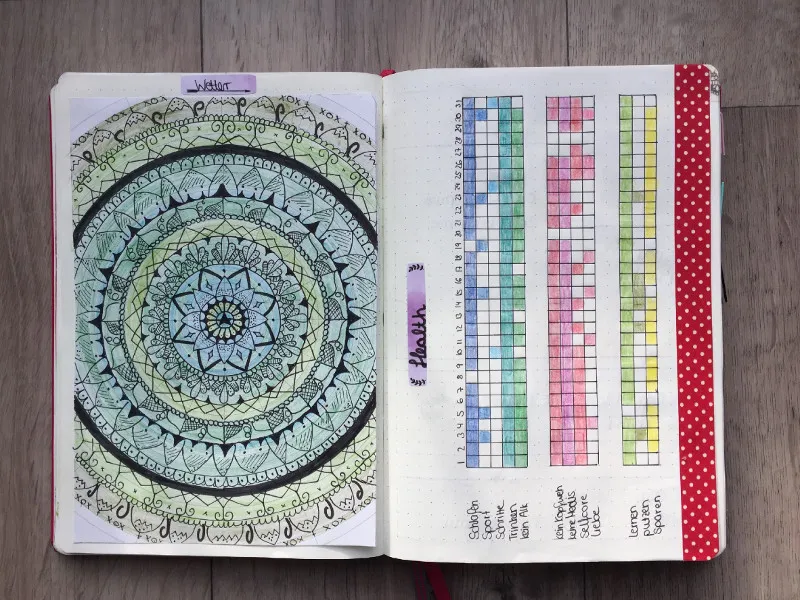 Doppelseite mit ausgemaltem Mandala links und farbigem Health-Tracker rechts