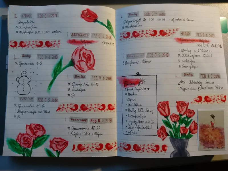 Wochenübersicht Februar mit gemalten Rosen und roter Washi-Tape-Deko