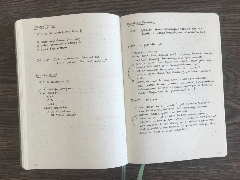 Handschriftliche Notizseiten mit Tagesaufgaben und Konzept für eine Newsletter-Umfrage
