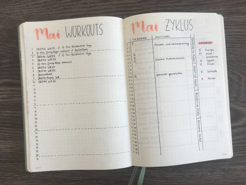 Doppelseite Mai Workouts und Mai Zyklus mit Trainingsliste und Tracker-Tabelle