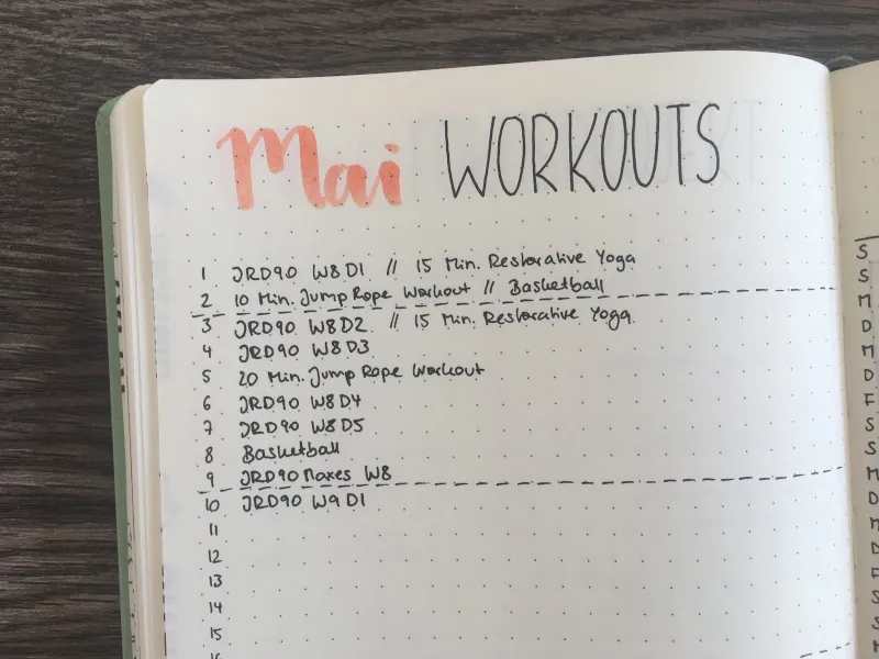 Mai Workouts als nummerierte Liste mit einzelnen Trainingseinträgen