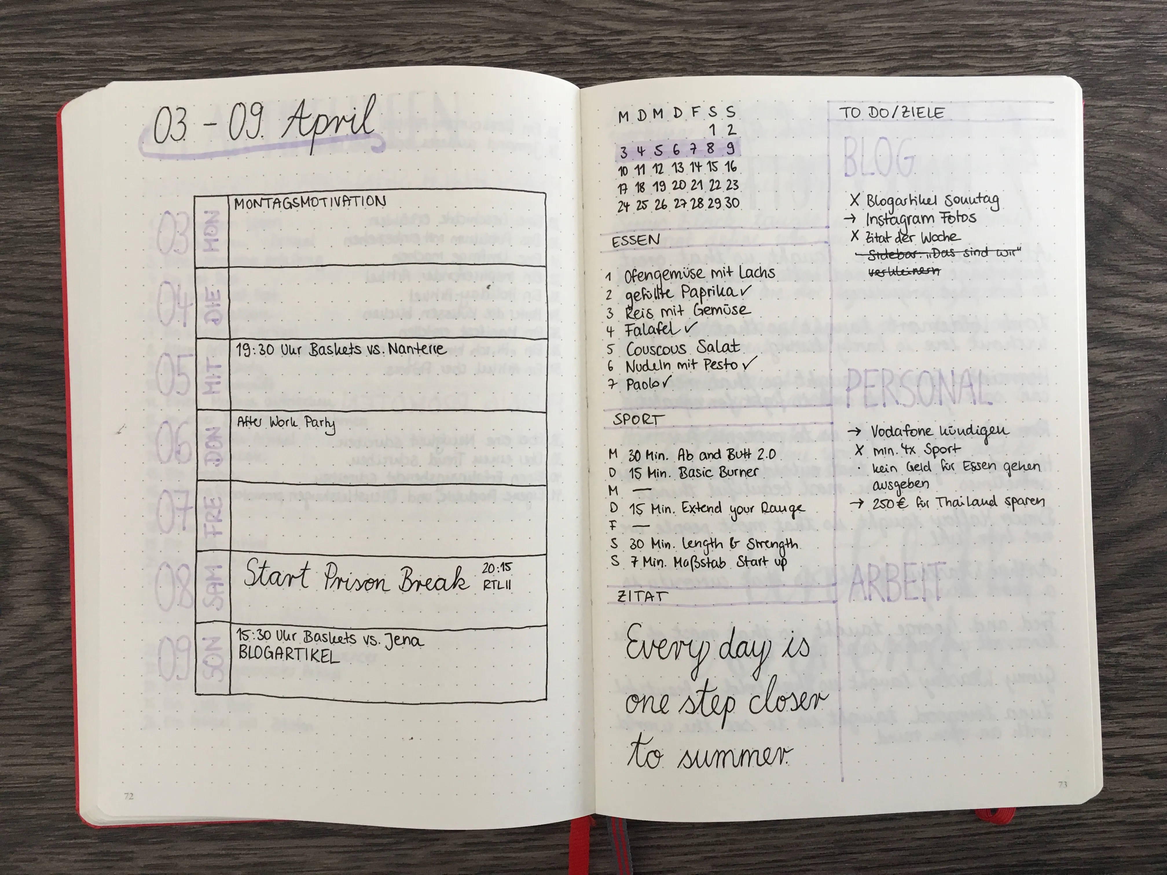 Bullet Journal Essensplan integriert in die Wochenübersicht