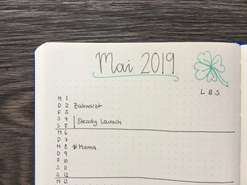 Monatsseite Mai 2019 mit Tagesliste und grünem Kleeblatt-Doodle