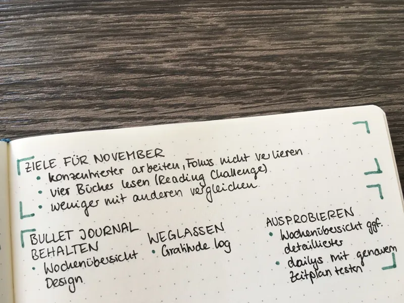 Review-Seite mit Zielen für November und Vorsätzen fürs Bullet Journal