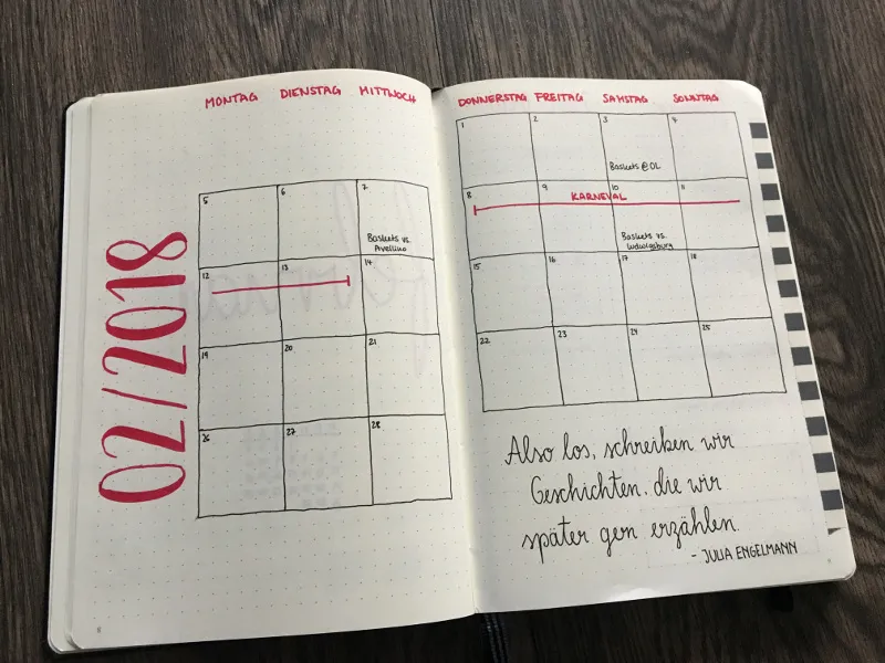 Monatskalender Februar 2018 mit rotem Datum und Zitat von Julia Engelmann