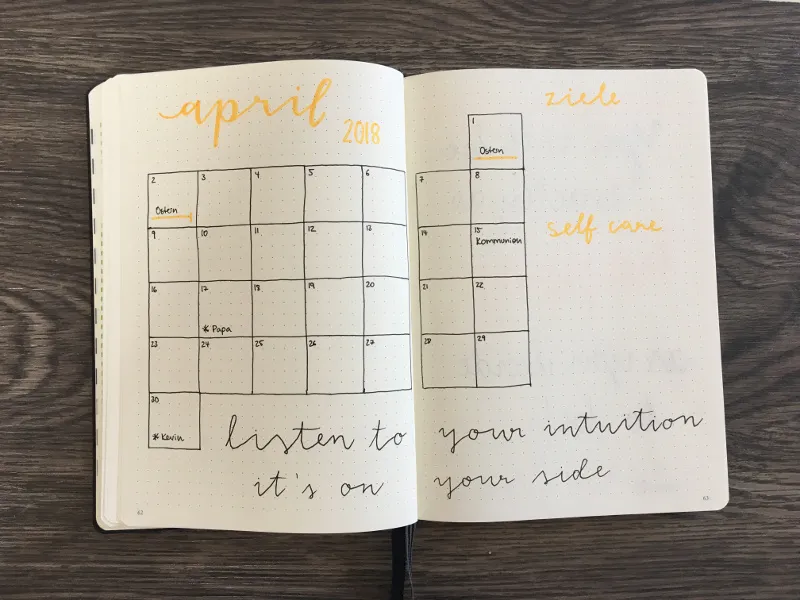 Monatskalender April 2018 mit Zielen, Self Care und Lettering listen to your intuition