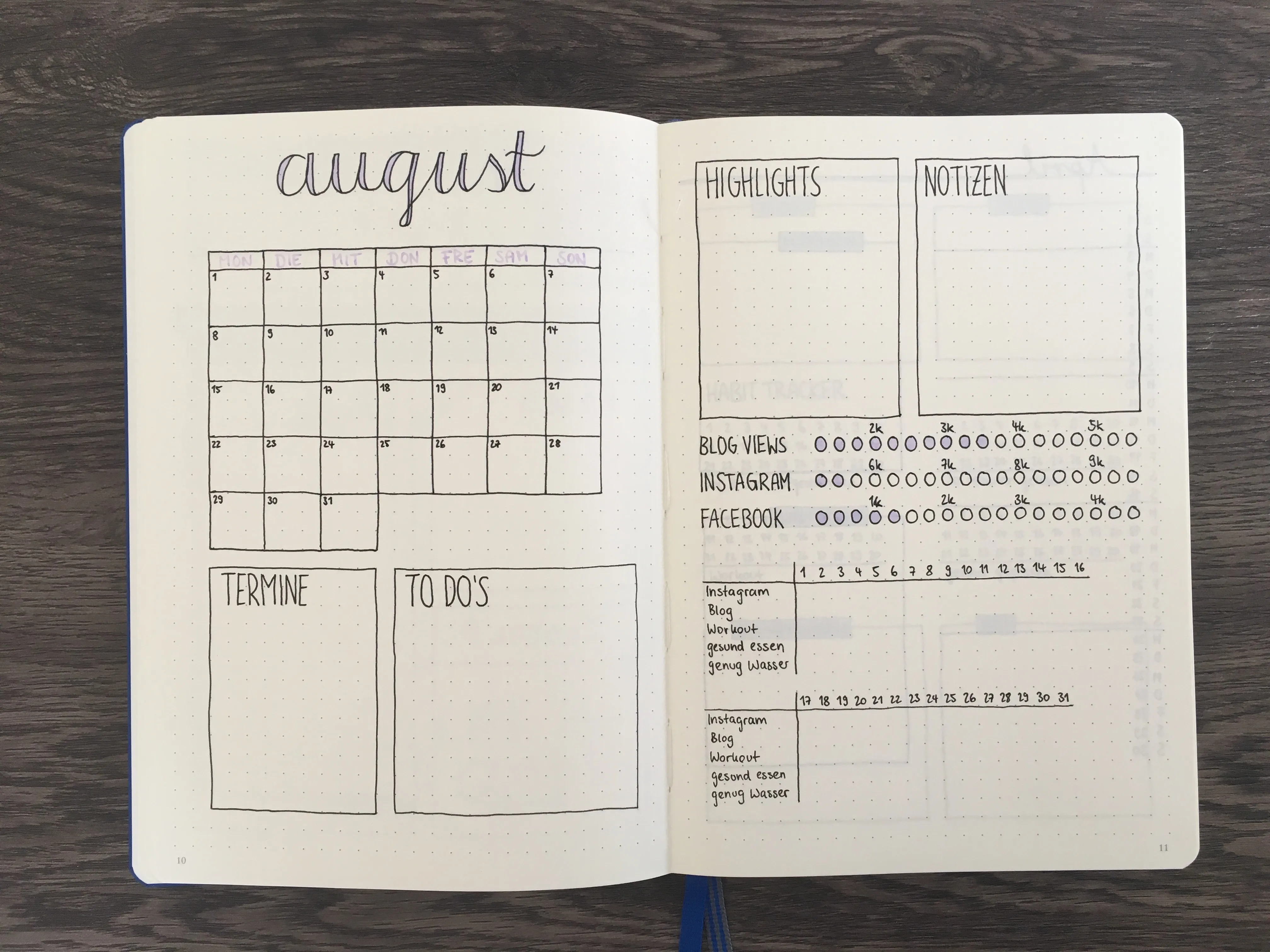Schlichte Monatsübersicht August mit Kalender und Social-Media-Tracker