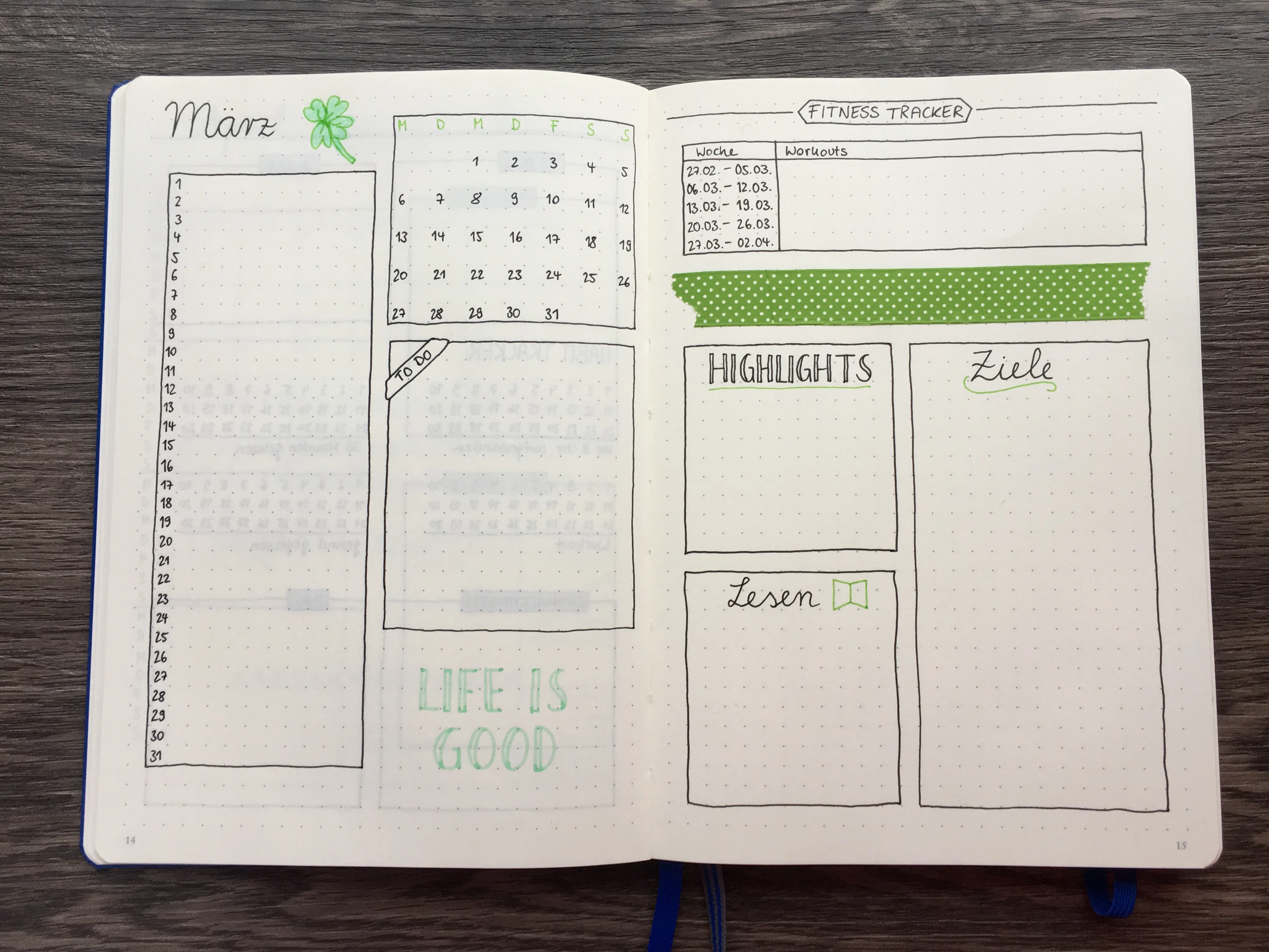 Kreative Monatsübersicht März mit Kalender, Fitness Tracker und Highlights