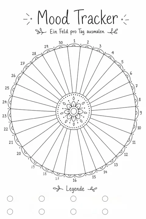 Mood-Tracker-Vorlage: ein rundes Mandala aus 30 nummerierten Feldern um eine Blüte in der Mitte, darunter 8 Kreise für die Legende