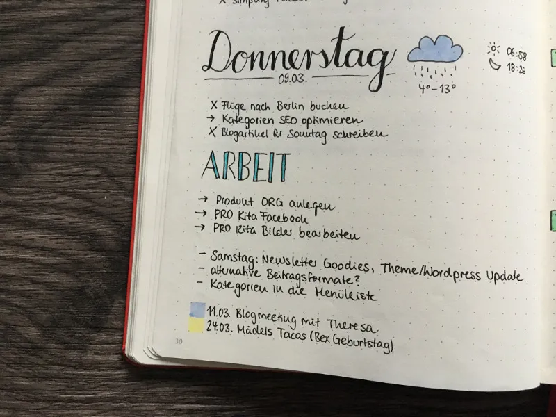 Notizen in der Bullet Journal Tagesübersicht integriert
