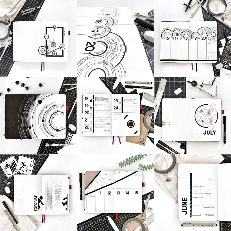 Instagram-Raster mit minimalistischen Schwarz-Weiss-Layouts und Kreismustern