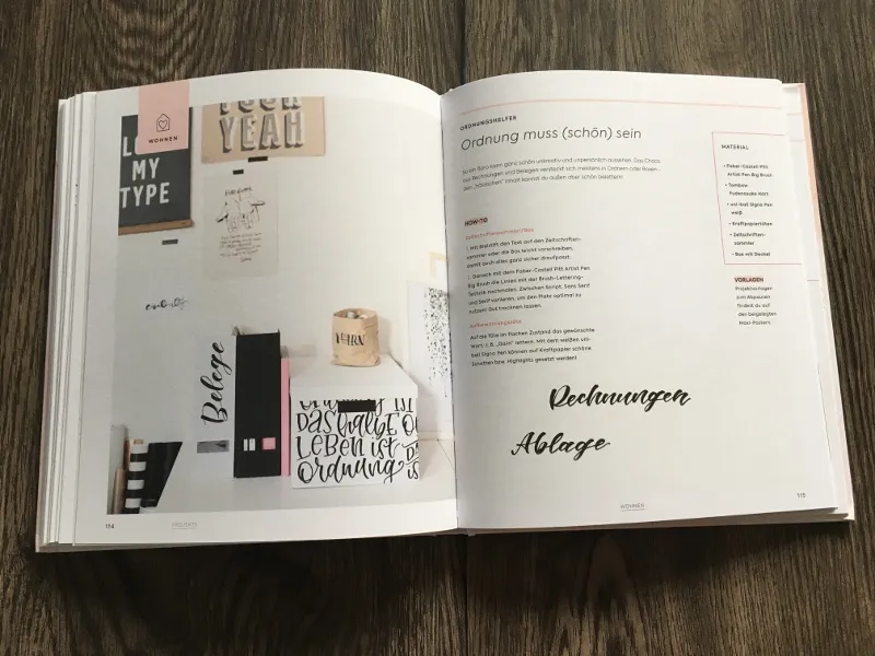 Buchseite Ordnung muss schön sein mit Brush-Lettering für Rechnungen und Ablage