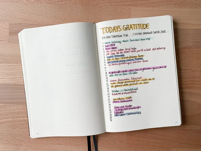 Dankbarkeitsliste Todays Gratitude mit bunt markierten Einträgen
