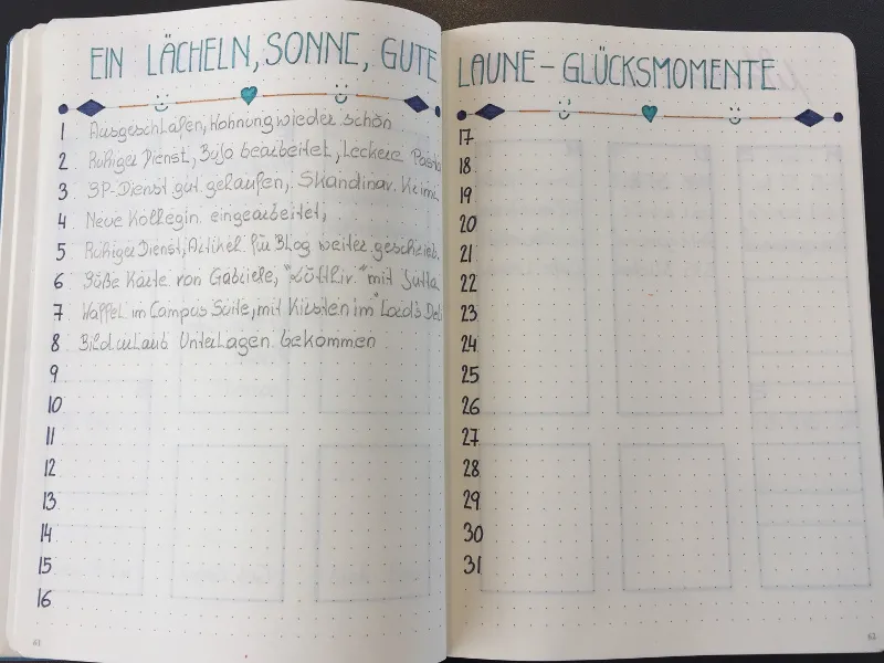 Gluecksmomente-Seite mit nummerierter Liste und blauem Ueberschriften-Lettering