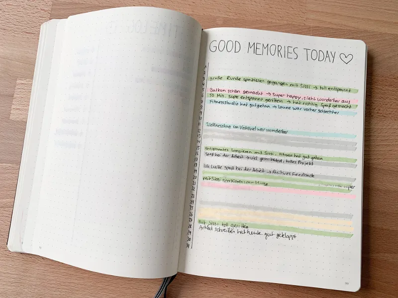 Liste Good Memories Today mit bunt markierten Tageseinträgen