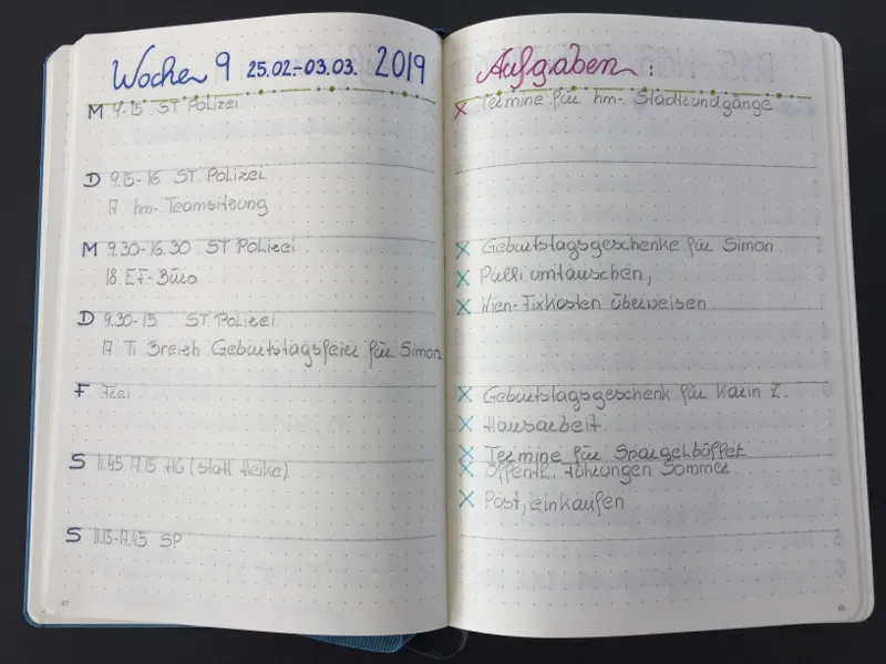 Wochenuebersicht Woche 9 mit Terminen und Aufgabenliste in bunter Handschrift