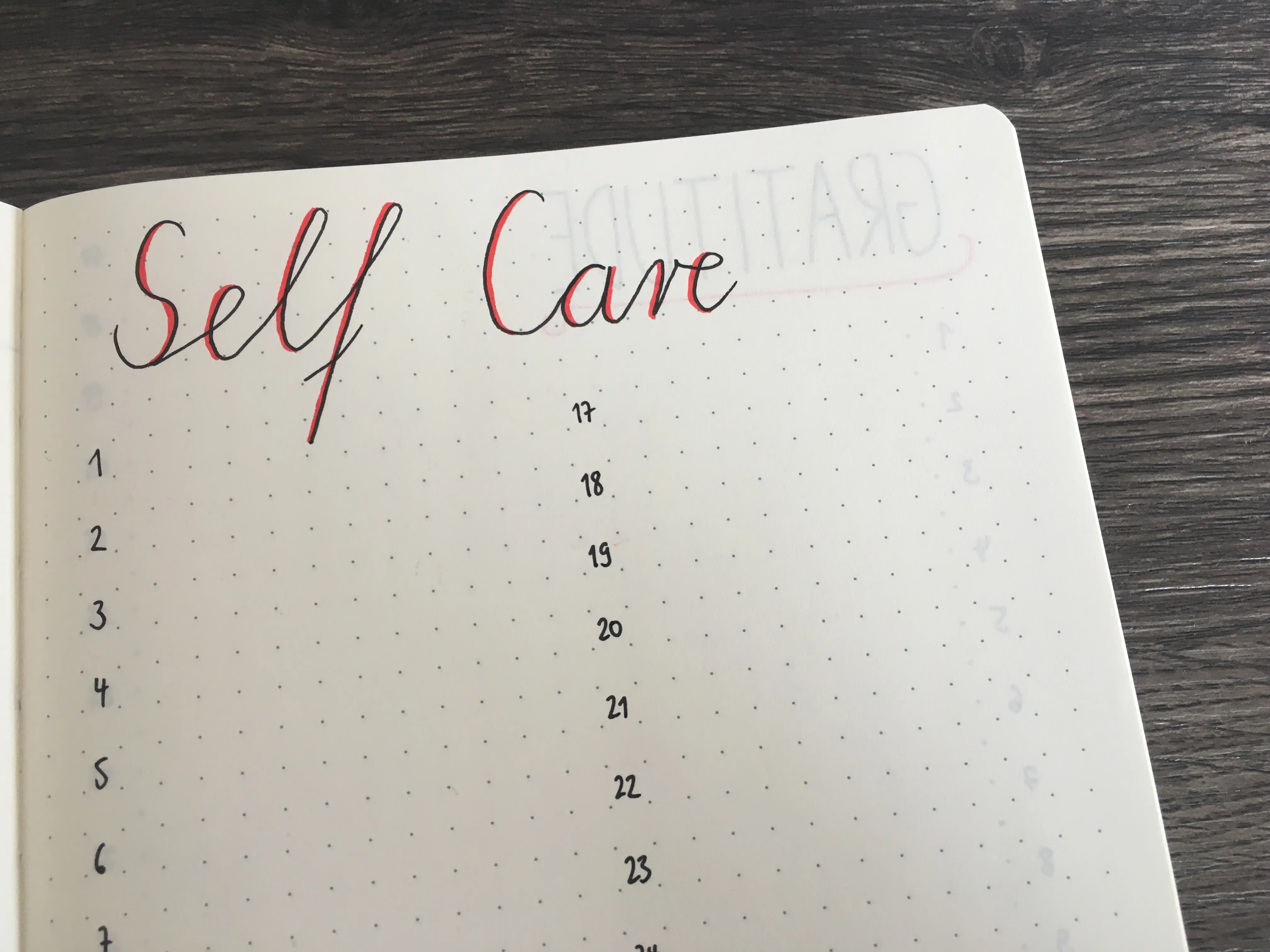 Self Care Seite mit Handlettering und nummerierter Liste für den Monat