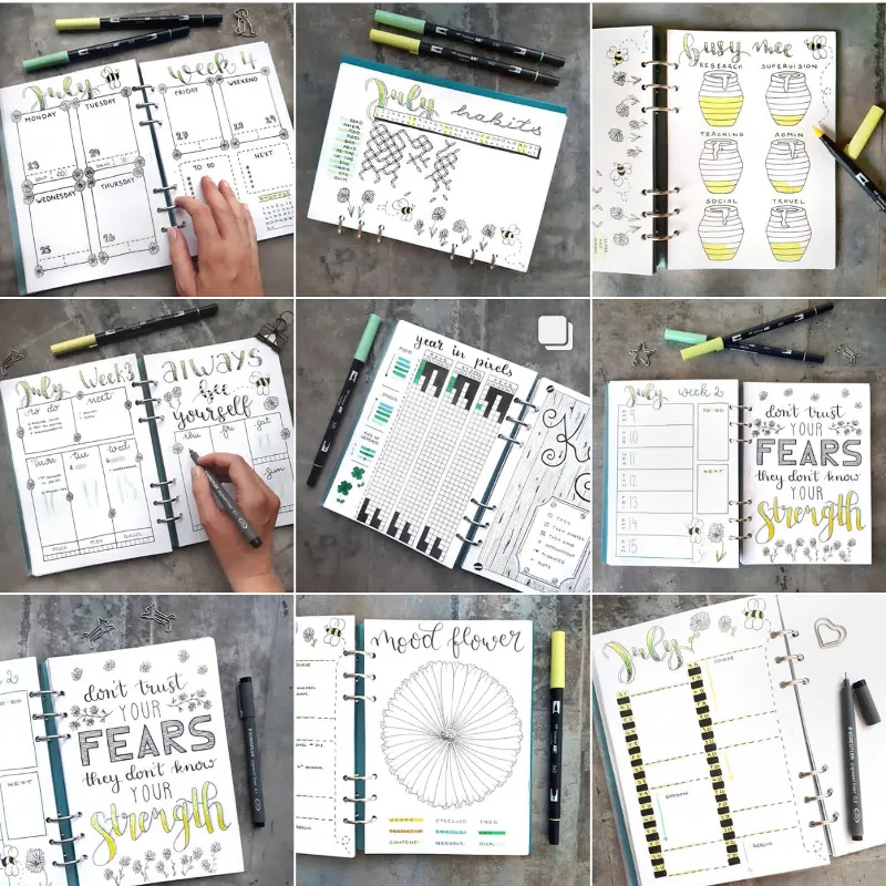 Instagram-Raster mit Wochenlayouts, Lettering und Bienen-Motiven in Gelb und Gruen