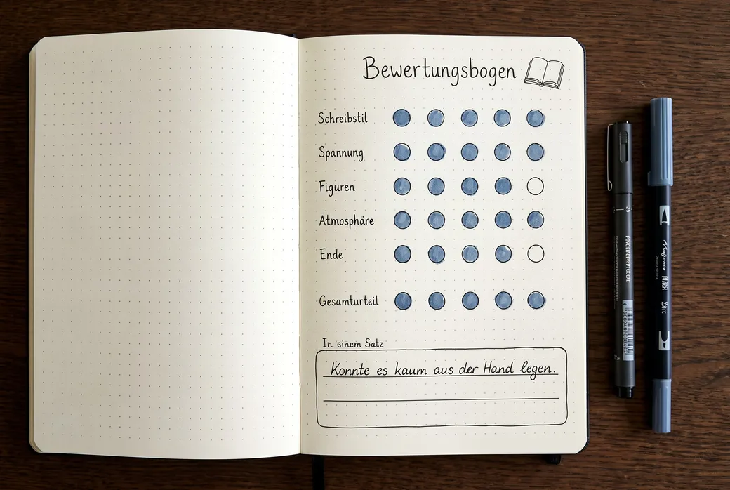 Aufgeschlagenes Journal mit dem abgemalten Bewertungsbogen. Die Kreise für Schreibstil, Spannung, Figuren, Atmosphäre, Ende und Gesamturteil sind blau ausgemalt, darunter steht: Konnte es kaum aus der Hand legen.