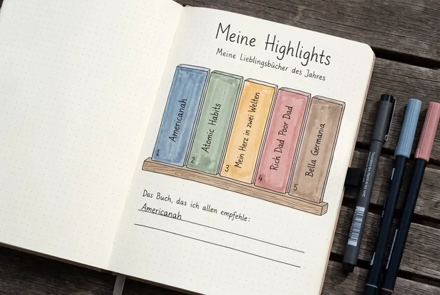 Aufgeschlagenes Journal mit der abgemalten Seite Meine Highlights: 5 Bücher im Regal, in Blau, Grün, Gelb, Rosé und Braun ausgemalt und mit Americanah, Atomic Habits, Mein Herz in zwei Welten, Rich Dad Poor Dad und Bella Germania beschriftet.