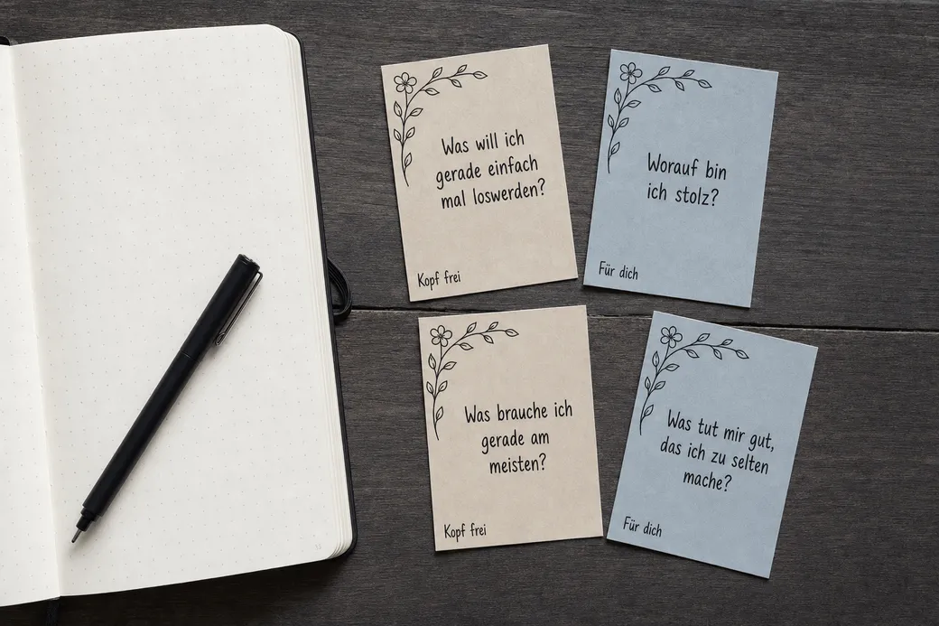 Vier ausgedruckte Fragekarten in zwei Farben neben einem aufgeschlagenen Journal.