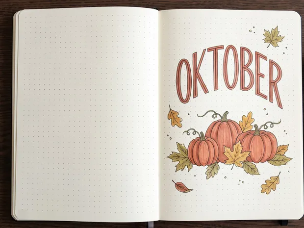 Aufgeschlagenes Journal mit dem abgemalten Oktober-Deckblatt: der Schriftzug OKTOBER im Bogen in Rostrot ausgemalt, darunter 3 Kürbisse in Terrakotta und Herbstblätter in Ocker und Oliv.