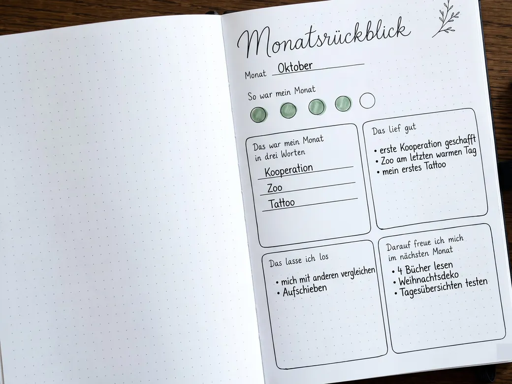 Aufgeschlagenes Journal mit dem abgemalten Monatsrückblick für Oktober: 4 von 5 Stimmungskreisen grün ausgemalt, in drei Worten Kooperation, Zoo, Tattoo, darunter Einträge zu Das lief gut, Das lasse ich los und Darauf freue ich mich im nächsten Monat.
