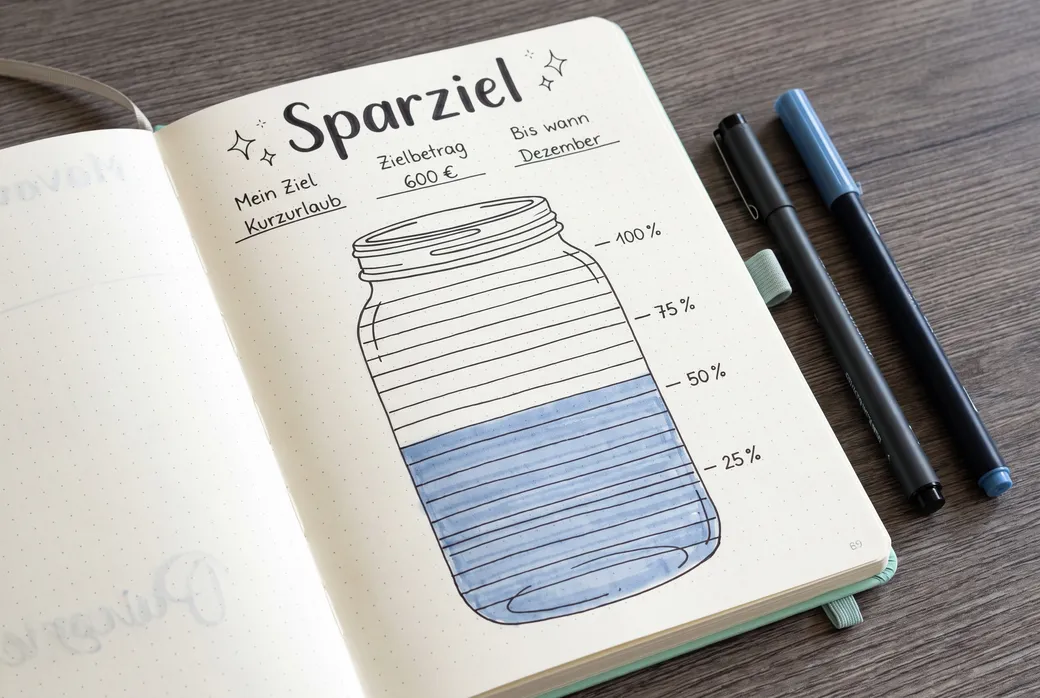 Aufgeschlagenes Journal mit dem abgepausten Sparziel-Glas, bis knapp unter die 50-Prozent-Linie blau ausgemalt. Als Ziel steht Kurzurlaub darüber, als Zielbetrag 600 Euro.