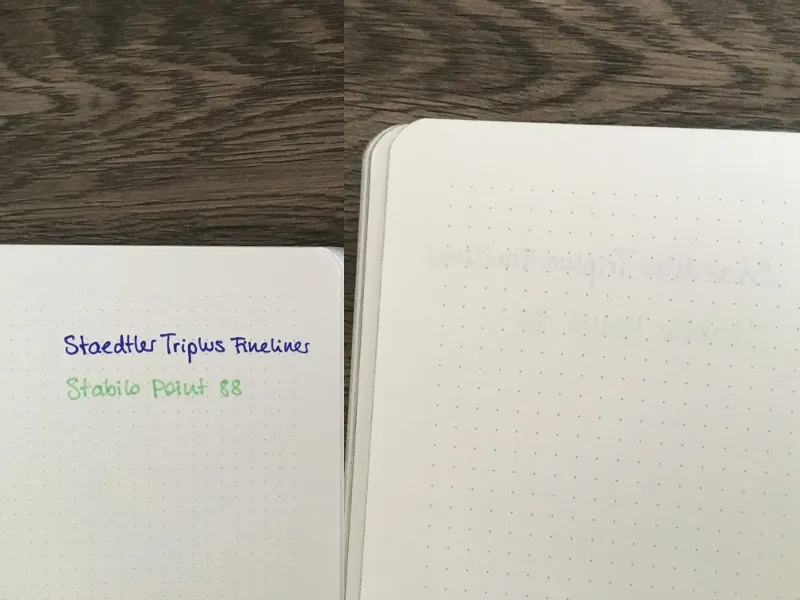 Stiftprobe im Notizbuch mit den Schriftzügen Staedtler Triplus Fineliner in Blau und Stabilo Point 88 in Grün, rechts das Durchscheinen auf der Rückseite