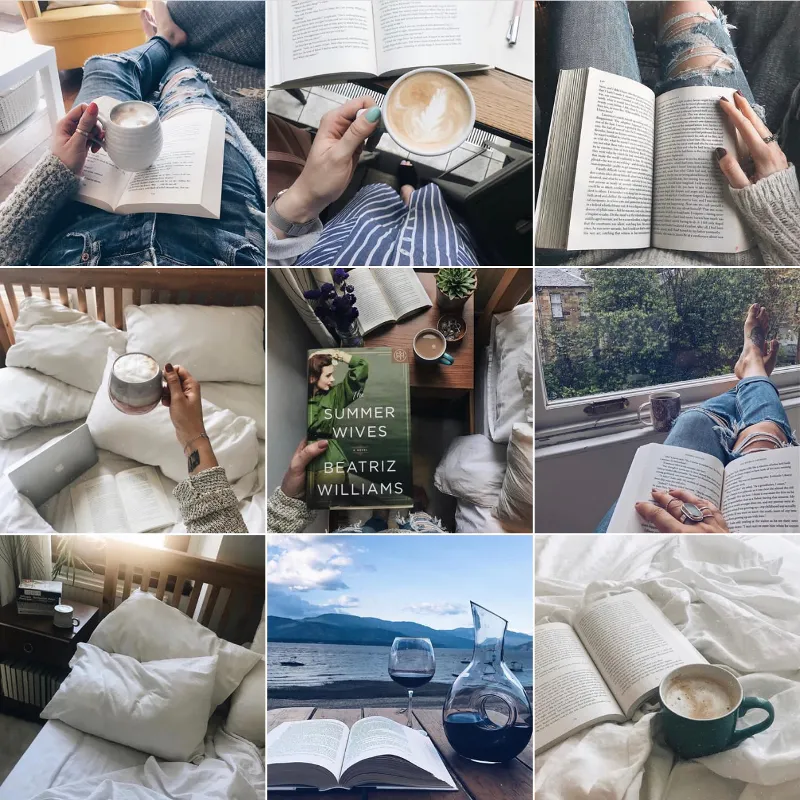 Instagram-Raster mit gemuetlichen Lesefotos, Buechern und Kaffeetassen