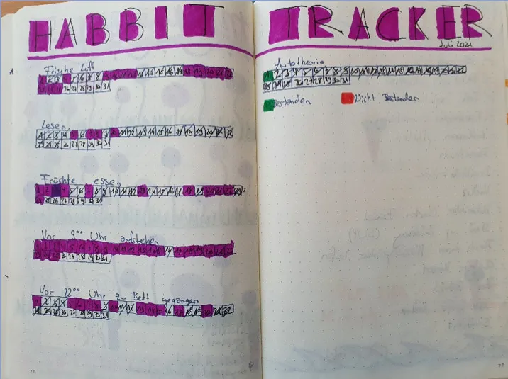 Habit-Tracker-Doppelseite Juli in Pink mit abgehakten Gewohnheitszeilen