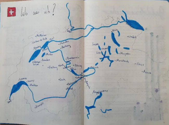 Handgezeichnete Schweizkarte Wo war ich mit blau markierten Orten